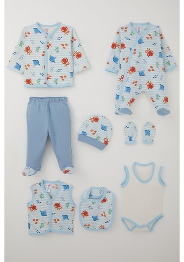 Breeze Erkek Bebek Hastane Çıkışı 8 Li Sevimli Deniz Hayvanları Desenli 0-3 Ay, Beyaz Beyaz