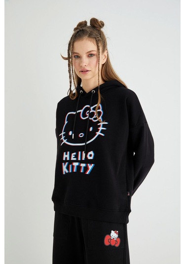 Hello Kitty Lisanslı Baskılı 3d Kapüşonlu Kalın Sweatshirt Renkli