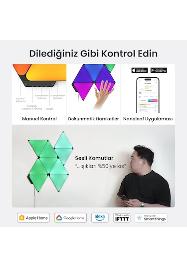 Nanoleaf Üçgen Akıllı Rgbw Duvar Paneli Başlangıç Paketi App Kontrollü, 9 Parça, Siyah, Google Home, RGB