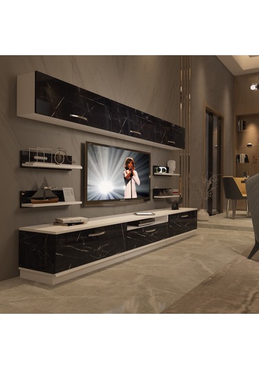 Decoraktiv Trendstyle 8y Mdf Tv Ünitesi Tv Sehpası Beyaz - Siyah Mermer