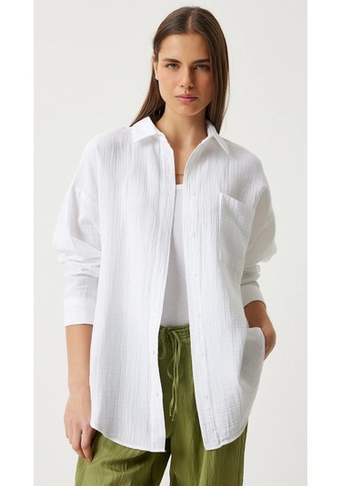 Kadın Oversize Basic Cepli Müslin Gömlek Beyaz