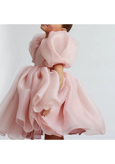 Balon Kollu Organze Tasarım Abiye - Kristal Tüllü Organze