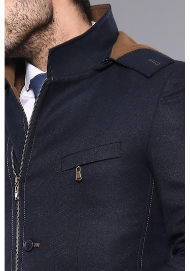 3 Cepli Kapüşonlu Fermuarlı Yün Lacivert Kısa Kaban - Wessi Siyah