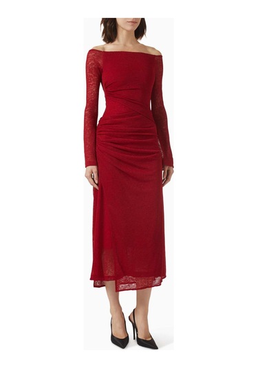 Eegen Studio Boat - Neck Midi Elbise - Rib - Knit, Uzun Kol & Toplanmış Bel Kırmızı