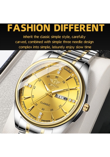 Yashıdun 5063 Çelik Kayış Şık Çift Kuvars Saat Aydınlık Takvim Bilek Saati - Siyah Kadran / Gümüş+altın Kayış / Kadın