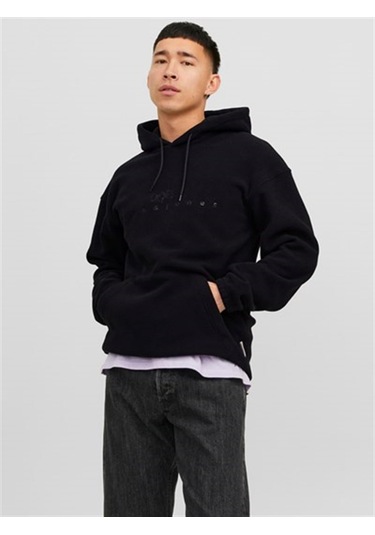 Jack&Jones Jorsılverlake Fleece Hood Erkek Sweatshirt 12242470-Black Siyah