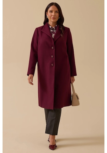 Galaxi Kadın Büyük Beden Düğmeli Kaşe Kaban 4001 Bordo Bordo