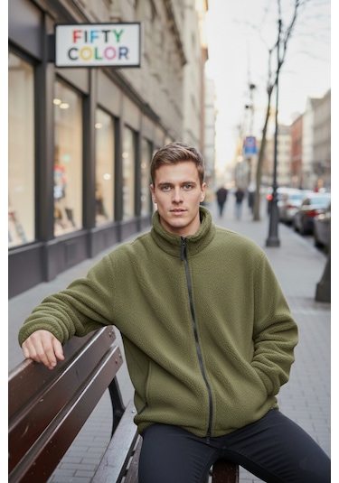 Haki Premium Kalite Dik Yaka, Fermuarlı, Polarlı, Peluş Ceket Haki