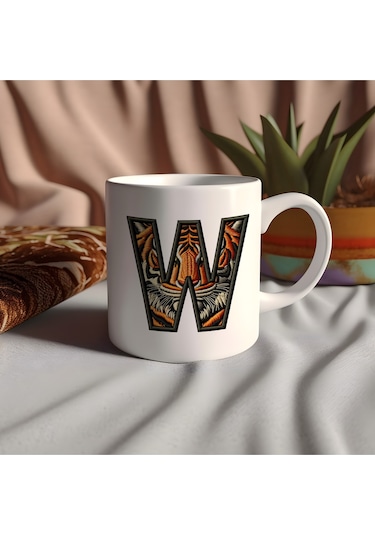 W Harfi Kaplan Figürlü Nakış Desenli Kupa Bardak - Kişiye Özel Vahşi Hayvan Desenli Kupa - Hediye Beyaz