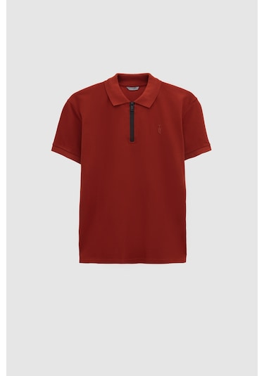 Twn Slim Fit Kiremit Pike Dokulu Yarım Fermuarlı Polo Yaka T-shirt 4ec14ortfrplo KIREMIT