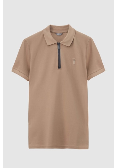 D's Damat Slim Fit Vizon Pike Dokulu Yarım Fermuarlı Polo Yaka T-shirt 4ec14ortfrplo Vizon