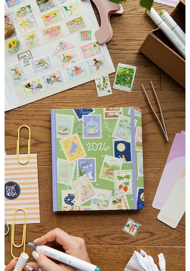 2026 Dikey Haftalık Ajanda 12 Aylık Sert Kapak 18x20 Cm - Yeşil Yeşil