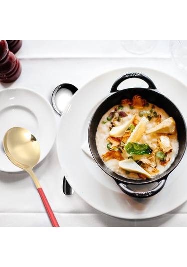 Kosona Portekiz 304 Çelik Copper+kırmızı Uzun Saplı Dolgulu Büyük Yuvarlak Servis Kaşığı - Tatlı/kahvaltı/西餐 Ütensili 1 Adet Altın