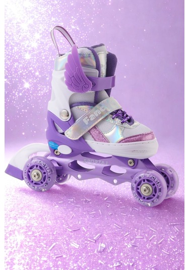 Melek Kanatlı Işıklı Çocuk Pateni Kask Ve Dizlik Seti Silikon Teker Ayarlanabilir Paten Çantalı Lila