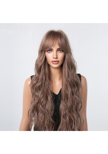 Cbtx Kadın Uzun Saç Peruk Kaküllü Degrade Kabarık Su Dalgalı Kıvırcık Saç Peruk, Renk: Koyu Kahverengi Lc1061-1