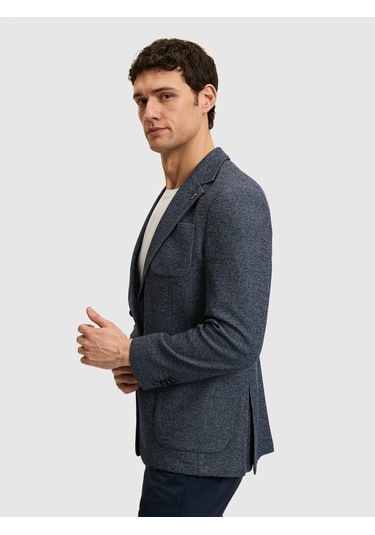Cacharel Lacivert Slim Fit Mikro Desen Mono Yaka Spor Ceket