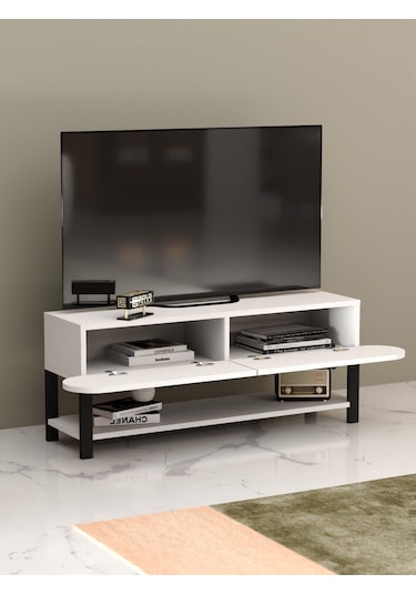 Tv Sehpası Tv Ünitesi Kapaklı Raflı Setro Beyaz Beyaz