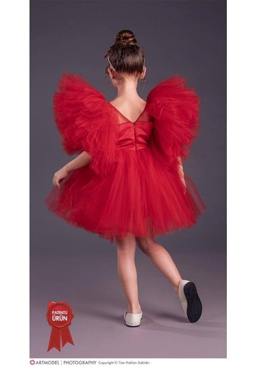 Kız Çocuk Tütü Etekli Kabarık Kollu Komotini Taçlı Abiye Elbise Kırmızı 1662 Kırmızı