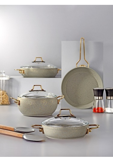 Marbella 7 Parça Set Güveç Model Nardo Gri & Gold Kırçıl Gold Kulp