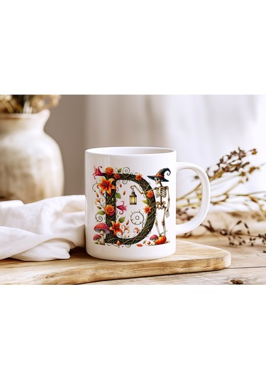 D Harfi Şapkalı İskelet Figürlü Ve Çiçekli Kupa Bardak - Cadılar Bayramı / Halloween Özel Hediye Beyaz