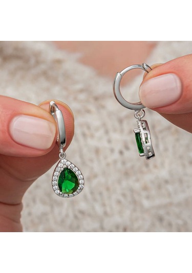 Gümüş Yeşil Zirkon Taşlı Damla Kadın Küpe Gümüş