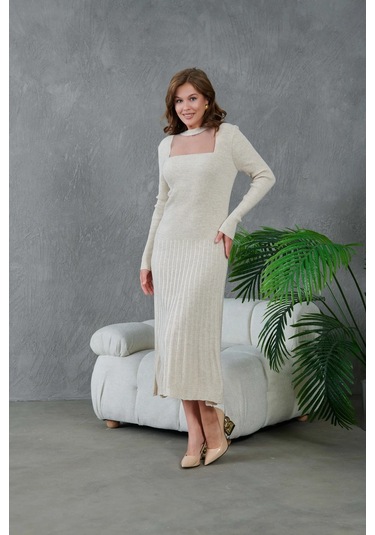 Kadın Bisiklet Yaka Tül Detay Maksi Boy Fitilli Triko Elbise Taş