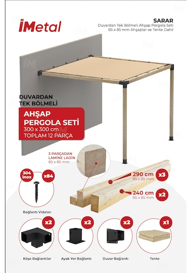 Sarar Duvardan Tek Bölümlü Pergola Seti Ahşaplar Ve Tente Dahil