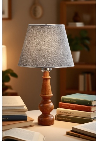 Ahşap Gövdeli Kumaş Başlıklı Dekoratif Abajur Masa Lambası Aydınlatma Lamba Gri