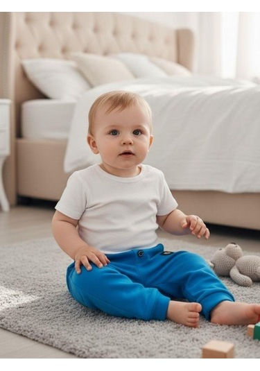 Zekids Erkek Çocuk Pamuklu Lastikli Duble Paça Eşofman Altı-16388 Mavi