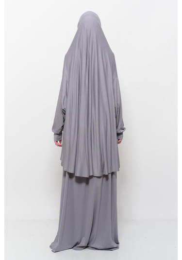 Pratik 2 Parça Pamuklu Yarasa Kollu Başörtülü Tesettür Namaz Elbisesi Gri Antrasit