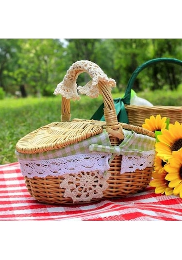 Dancemonkey Cbtx Keten Hasır Battaniye, Yeşil Izgara Kapaklı Piknik Sepeti, M Boyutu Ahşap