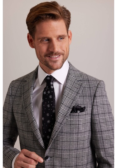 Erkek Gri Kışlık Yünlü Regular Fit Ekose Desenli Tek Ceket 001