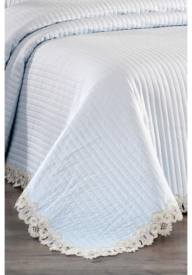 Mihrimah Dantelli Çift Kişilik %100 Pamuk Yatak Örtüsü Pike Takımı Mavi
