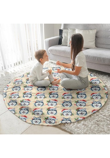 Husky Desenli Yuvarlak Polar Battaniye, Yumuşak & Hafif, 47 İnç-a4 Husky Santa Hat