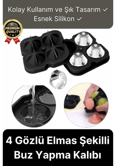 Kolay Kullanım Şık Silikon 4 Gözlü Esnek Buzluk Bar Kokteyl İçecek Elmas Şekilli Buz Yapma Kalıbı Çok Renkli