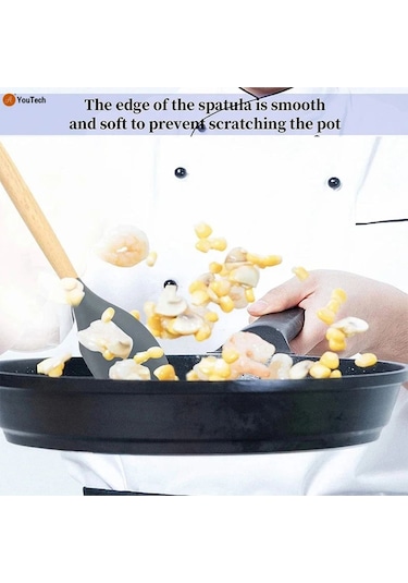 Qerhome Bambu Saplı Silikon Sıyırma Yan Spatula Siyah