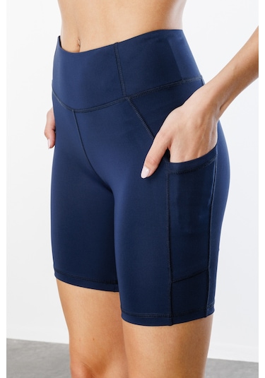 Yüksek Bel Toparlayıcı Çift Cepli Biker Şort Kısa Spor Tayt Kısa-tayt Lacivert