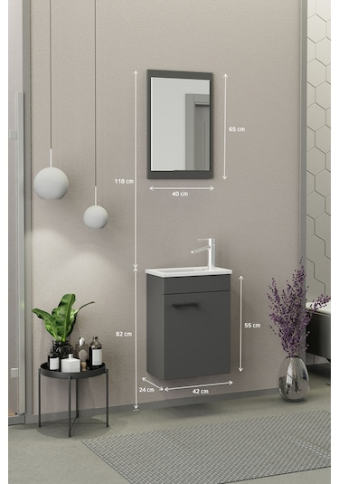 Biani Fix Arya Mini 42 Cm Banyo Dolabı,Seramik Lavabolu, Aynalı,Lavabo Dahil,Mdf,Mat Gri Biani Fix Arya Mini 42 Cm Banyo Dolabı,Seramik Lavabolu, Aynalı,Lavabo Dahil,Mdf,Mat Gri