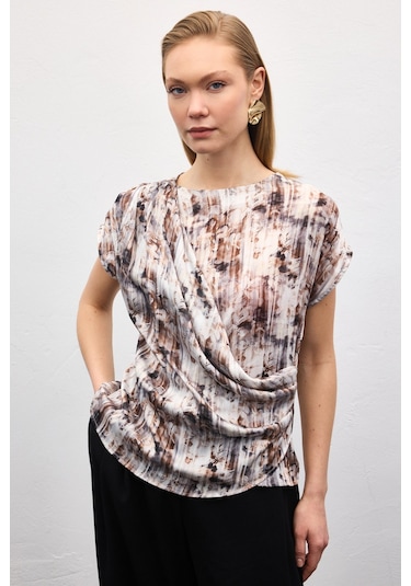 Sateen Pileli Kolsuz Bluz - Kahve-136863 kahve