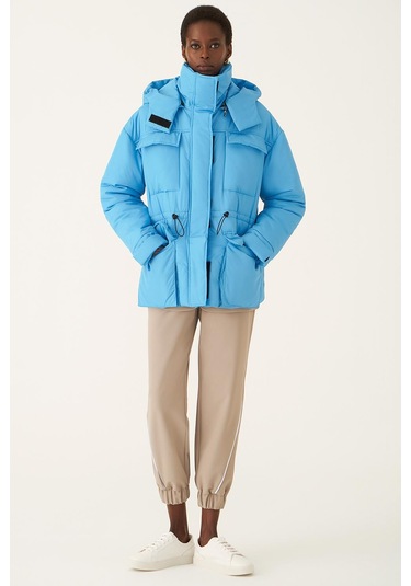Perspective Kapüşonlu Şişme Uzun Kollu Mavi Kadın Mont 22270547