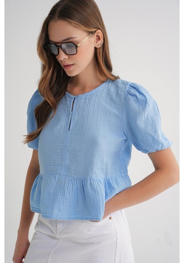 4713 Kadın Beli Büzgülü Kolu Lastikli Bol Müslin Bluz Bebe Mavi Bebe Mavi