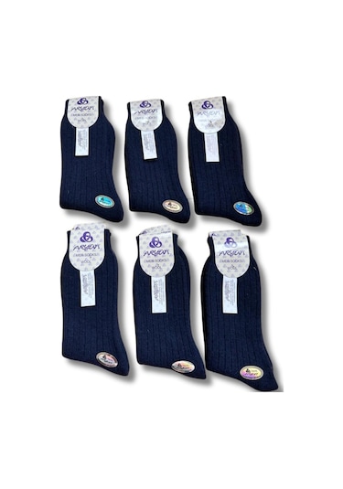 Erkek Saf Yün Kışlık Orta Kalınlıkta Dikişsiz 6 Çift Kendinden Çizgili Çorap Lacivert Gri