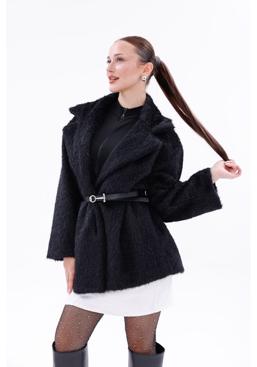 Kemer Detaylı-astarlı-düğmeli Kadın Kaban Siyah