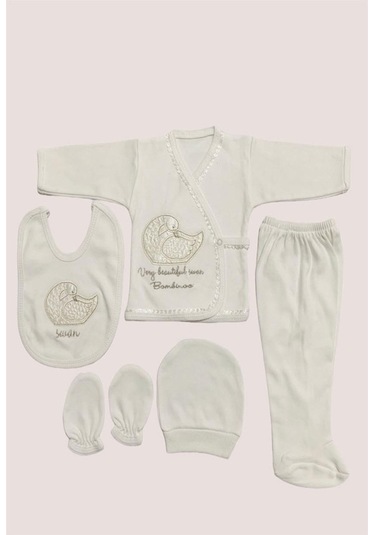 Bombino Ekru O Bebe 5li Kuğu Nakışlı Hastane Çıkışı Yenidoğan Zıbın Set Ekru