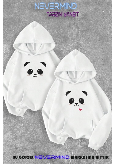 Nevermind Sevgili Çift Kombini Panda Baskılı Kapüşonlu Sweatshirt 2li Set T Beyaz
