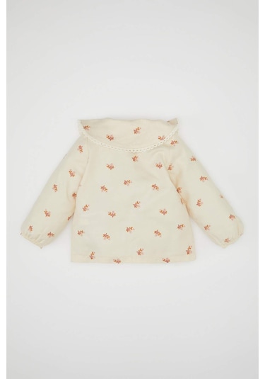 DeFacto Kız Bebek Büyük Yaka Çiçek Desenli Düğmeli Twill Uzun Kollu Gömlek D5585A524WNER42 Ekru