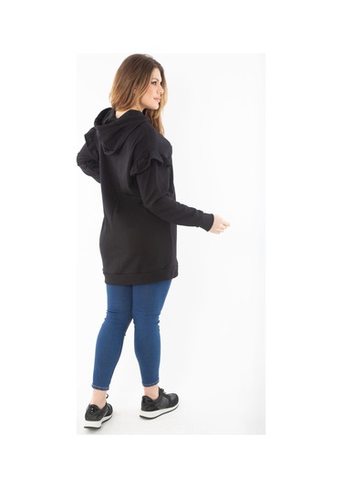 Kadın Büyük Beden Siyah İçi Şardonlu Üç İplik Kol Detaylı Kapşonlu Sweatshirt 65n37299-siyah Siyah