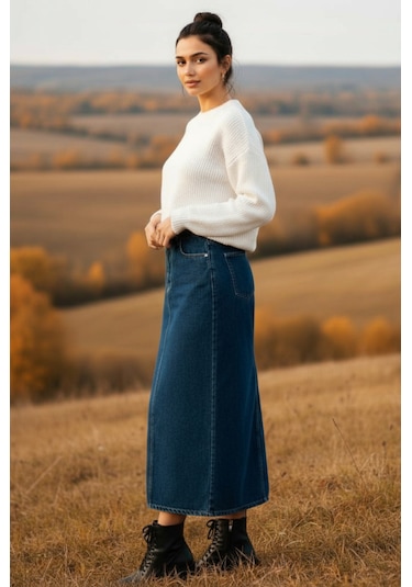 Dema Kadın Koyu Mavi Pamuklu Denim Etek Koyu Mavi