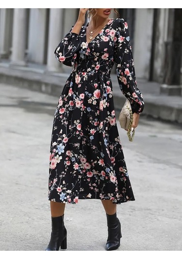 Kadın Uzun Kollu Kruvaze Yaka Beli Lastikli Yandan Yırtmaçlı Desenli Dalgıç Elbise Desenli