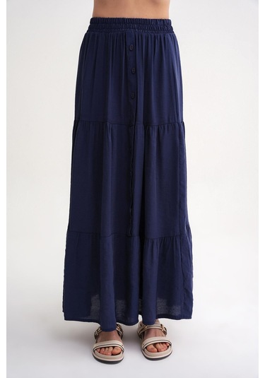 4662 Kadın Düğme Detaylı Büzgülü Modal Etek Lacivert Lacivert